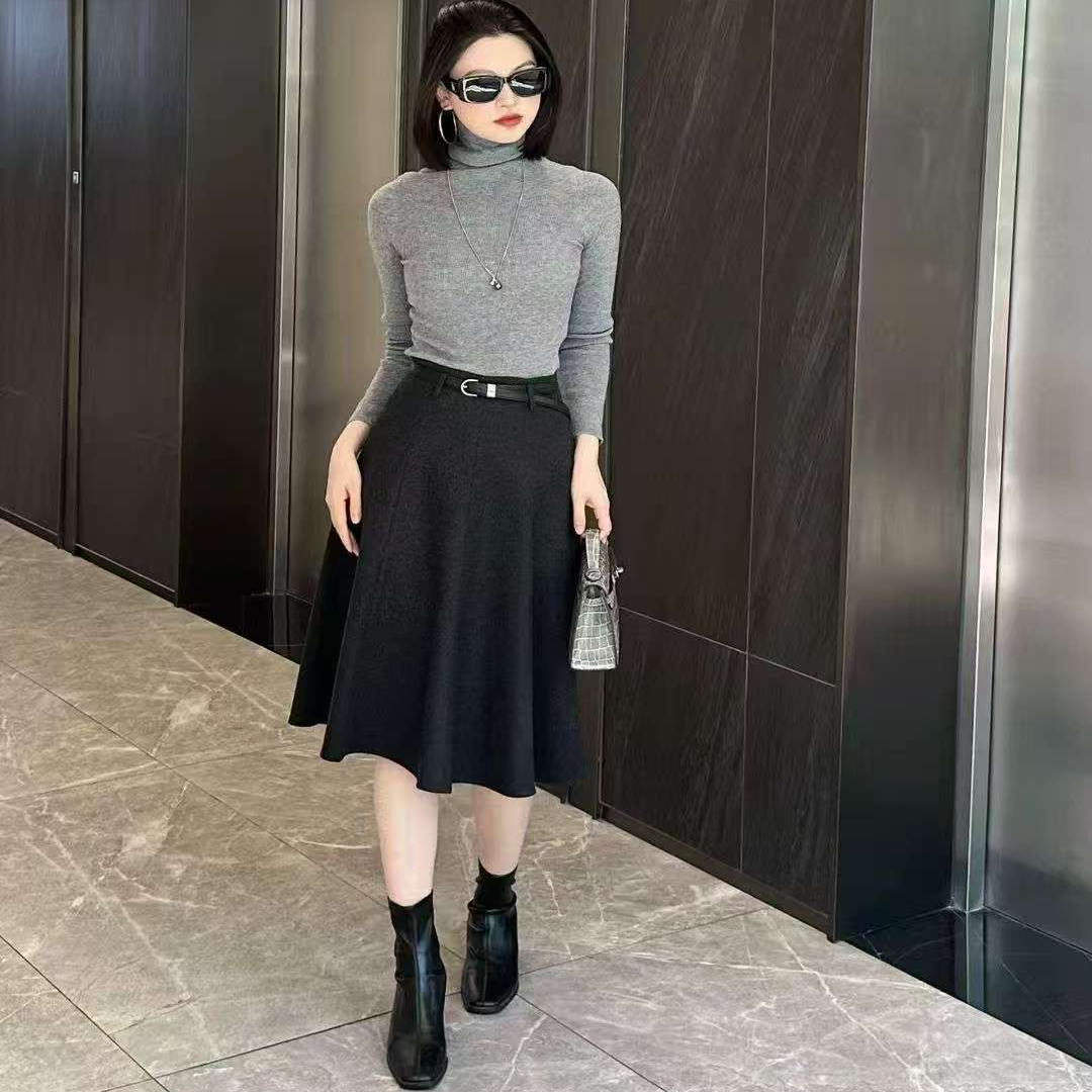 赫本风毛呢a字半身裙女秋冬高腰伞裙显瘦中长款休闲遮胯裙子#7078