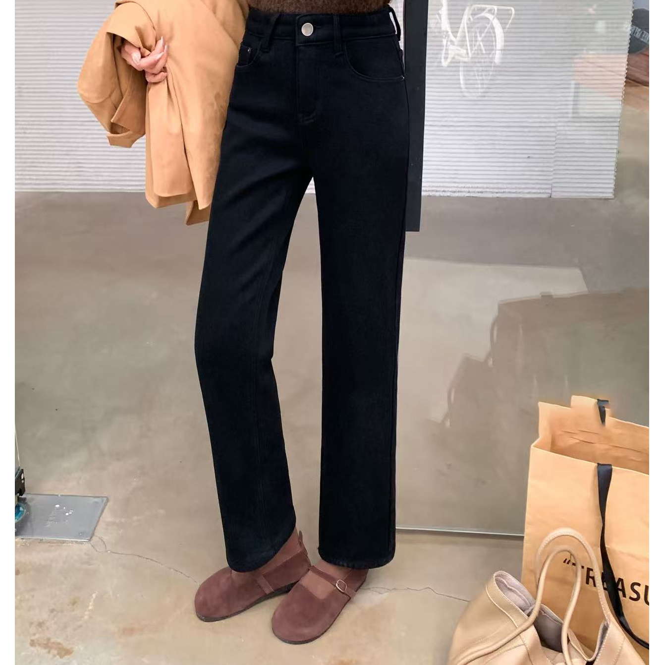 显腿直！加绒加厚密绒高腰黑色九分法棍裤#22327