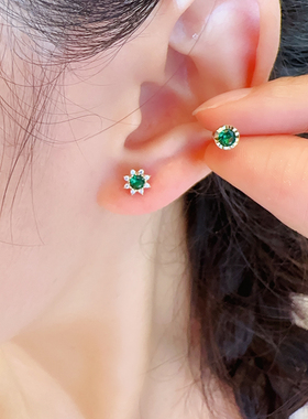 韩国时尚10K黄金耳钉女 镶钻绿色螺纹螺丝耳饰通体K金养耳洞单只