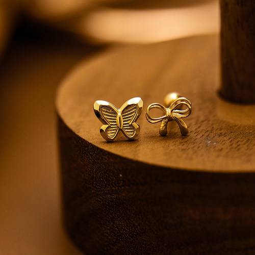 innore10k金素金蝴蝶螺纹耳钉