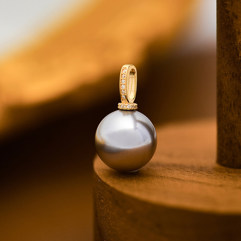 韩国时尚14k黄金吊坠 气质百搭灰色珍珠镶钻一字彩金锁骨链坠潮