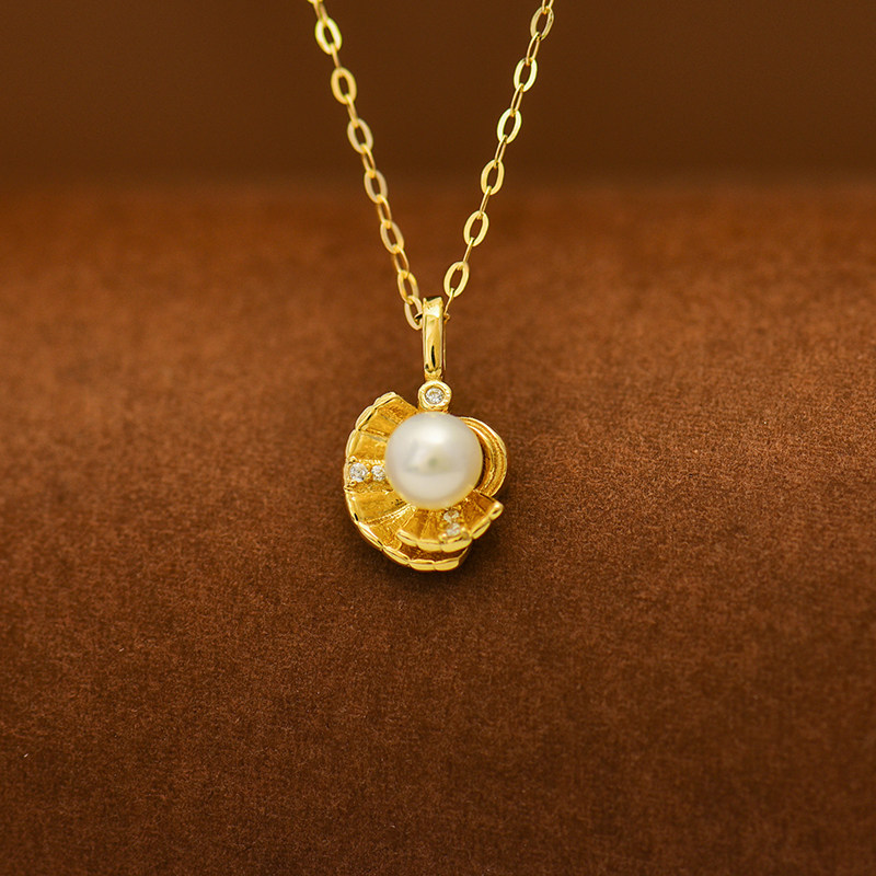 韩国时尚14k黄金吊坠  百搭镶钻贝壳设计小珍珠彩金项链锁骨链坠