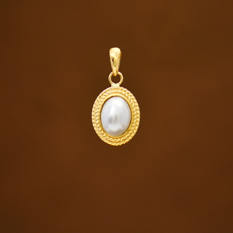 韩国时尚14k黄金吊坠 精致几何复古圆牌镶嵌珍珠彩金锁骨链坠