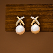 个性 韩国时尚 10K黄金耳钉女 ins镶钻交叉字母挂珍珠贝珠彩金耳饰