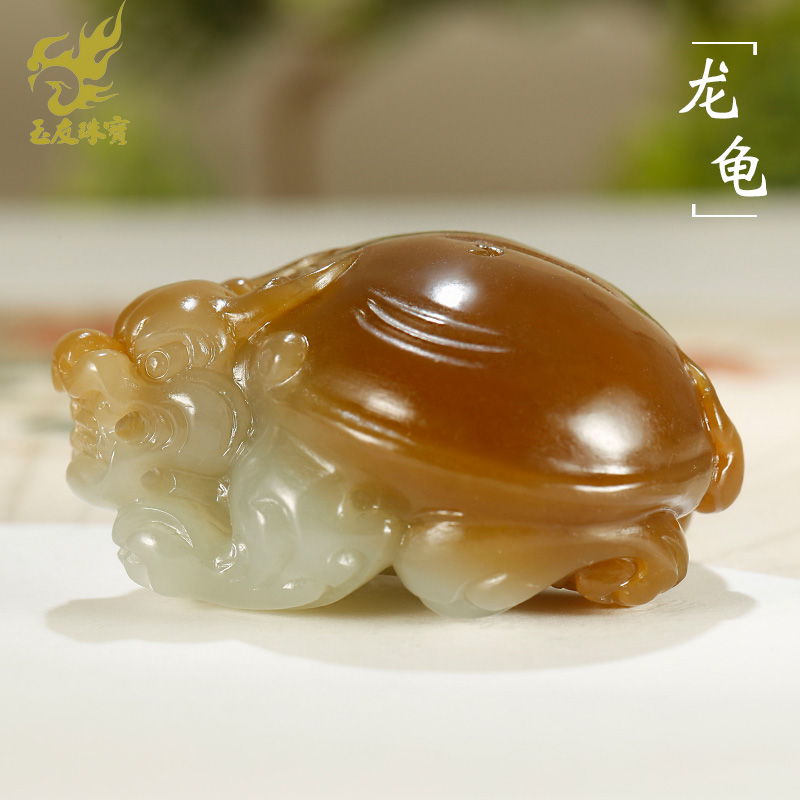 和田玉龙龟手把件男款老红糖青