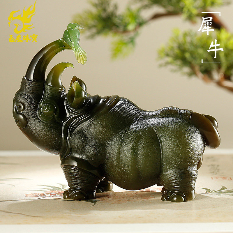 玉友和田玉犀牛喜鹊摆件男款碧玉喜牛喜从天降家居客厅玉石摆件