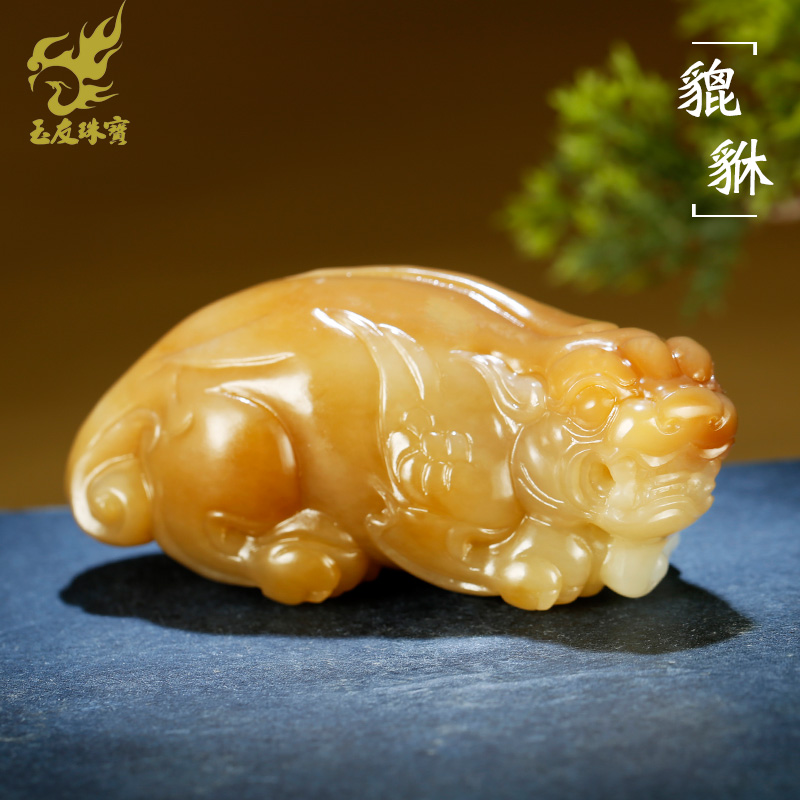 和田玉貔貅手把件男款糖青白玉瑞