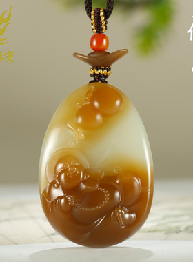 玉友和田玉佛公吊坠女款玉坠老红糖青白玉葫芦弥勒笑佛玉挂件SZY