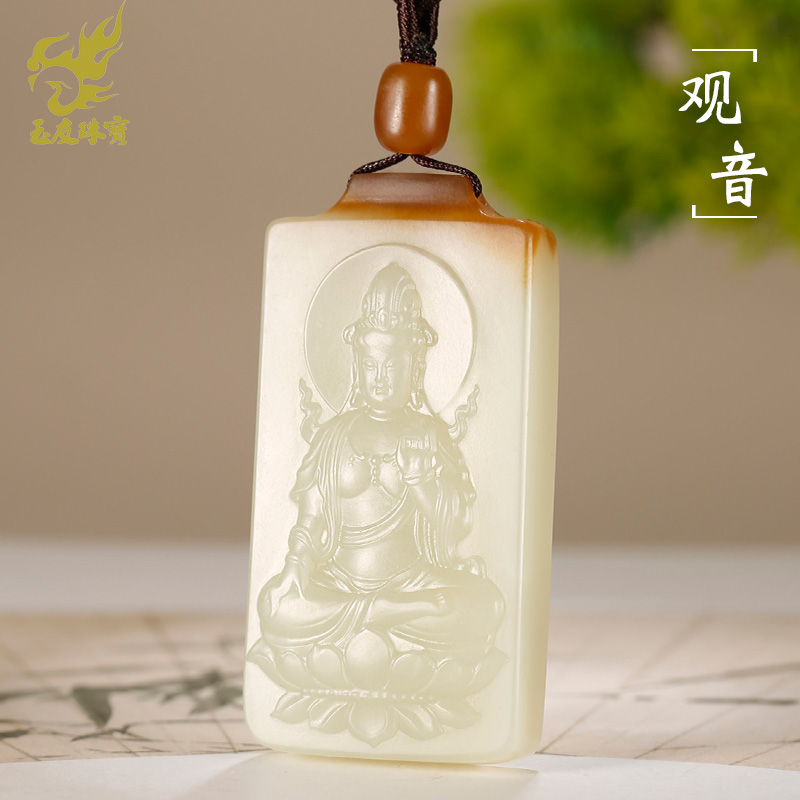和田玉观音吊坠男款玉坠糖青
