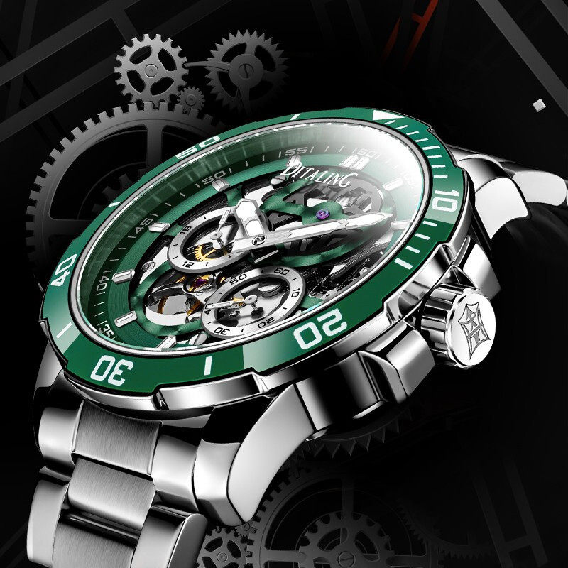 ditaling德国正品手表镂空商务绿水鬼士机械表陀飞轮夜光防水透底