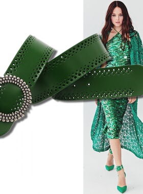 墨绿色真皮装饰腰带女二层牛皮风衣高腰裤羽绒服配饰5厘米宽皮带