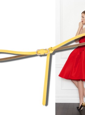 黄色真皮打结系扣装饰腰带女长裙牛仔裤1厘米超细洋气个性小皮带