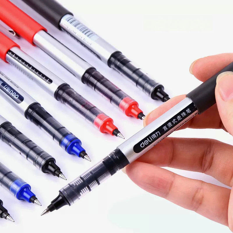 得力中性笔直液式速干走珠笔签字笔大容量直液笔商务子弹头针管型