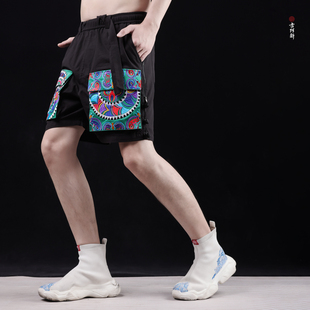 休闲运动百搭情侣短裤 原创刺绣苗绣龙腾松紧夏季 古阿新国潮