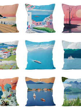 治愈系风景抱枕居家沙发装饰抱枕汽车护腰抱枕宿舍午休抱枕