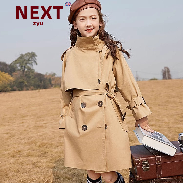 next zyu官方正品女童风衣2024年新款英伦洋气春秋中长款韩版外套