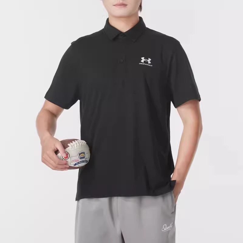 正品UA安德玛男士运动POLO衫黑色轻便透气翻领休闲短袖T恤1386608