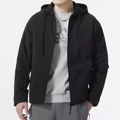 阿迪达斯连帽梭织夹克男2024春季新款运动服黑色休闲外套IX4287