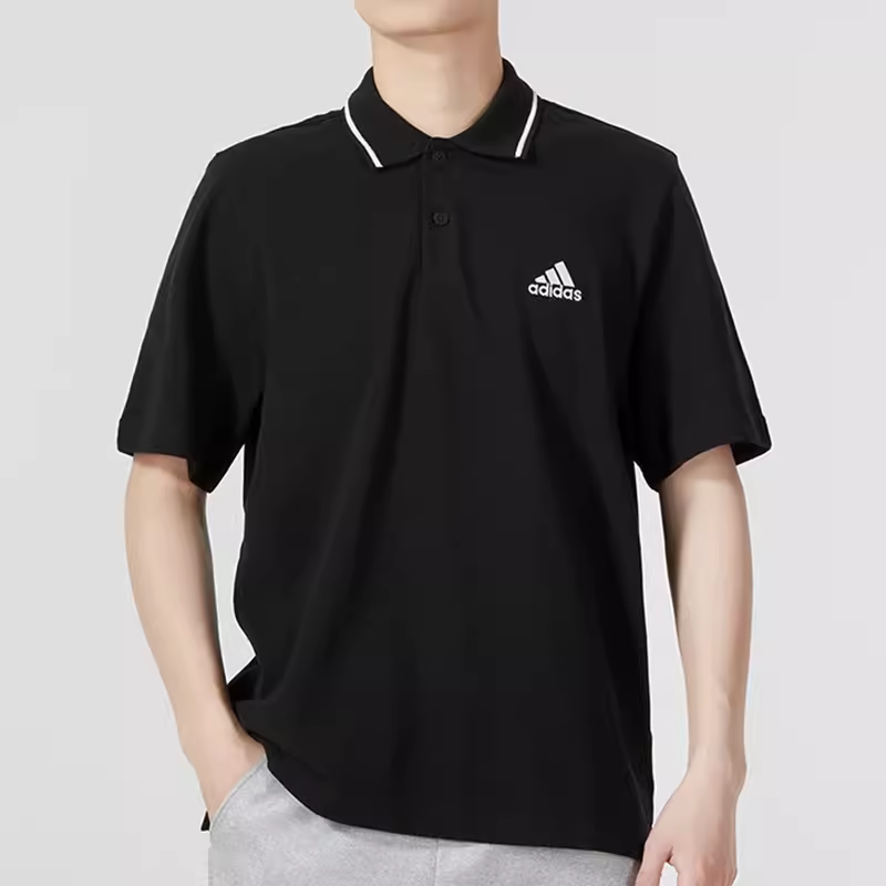 正品阿迪达斯男装运动休闲POLO衫 纯棉透气黑色短袖翻领T恤IC9314