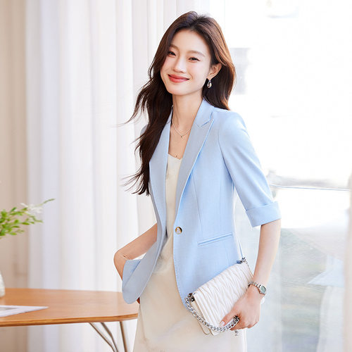 浅蓝色中袖西装外套女2025春新款时尚小个子气质免烫修身西服上衣