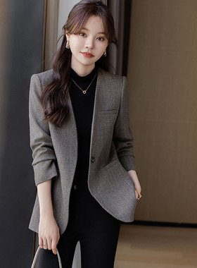灰色韩版休闲无领西装外套女2025秋冬修身小个子高级感气质复古女