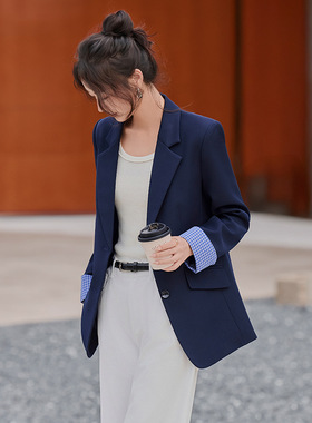 中长款女士西装外套2025新款洋气正装蓝色拼接袖休闲西服上衣