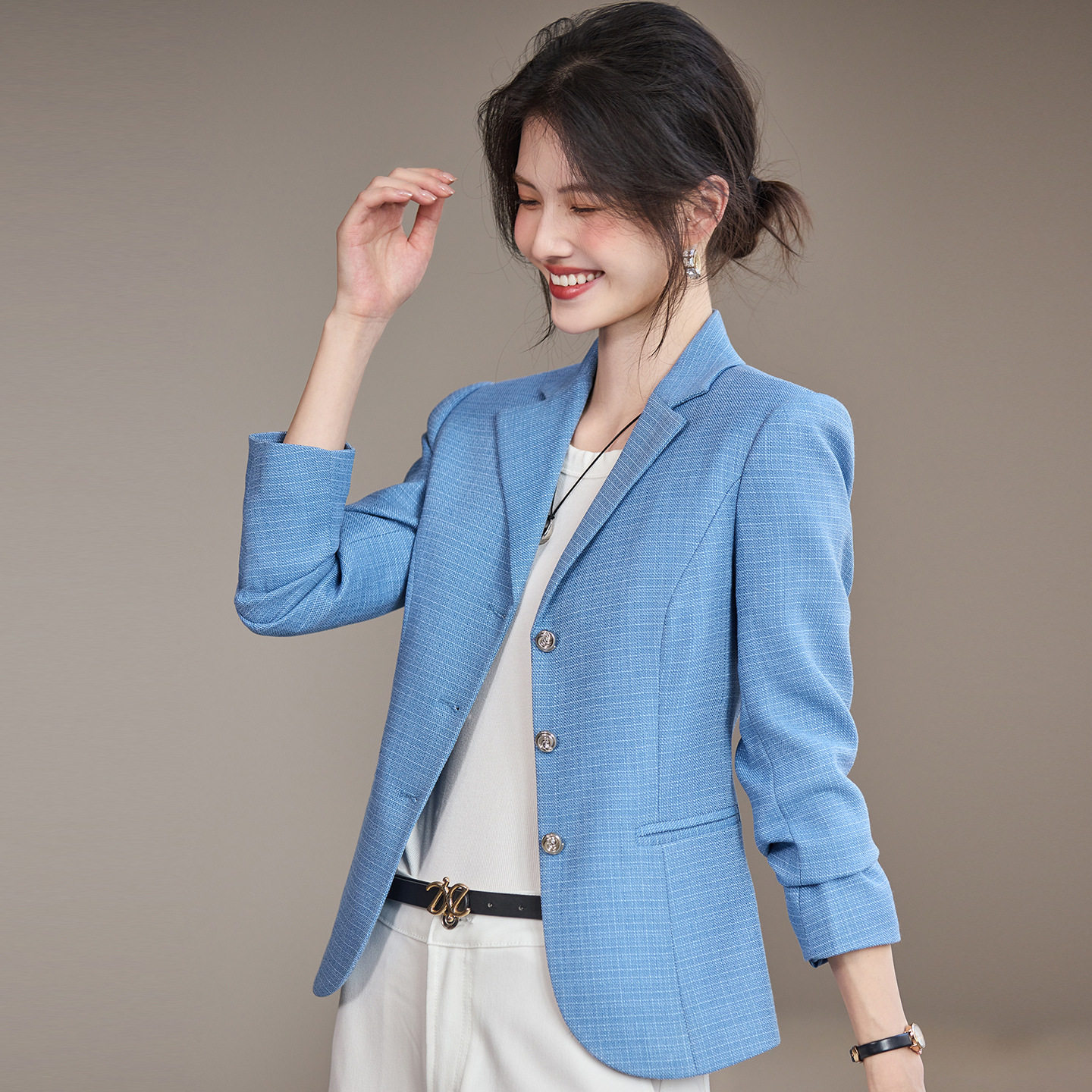 天蓝色小个子通勤西装女外套西服
