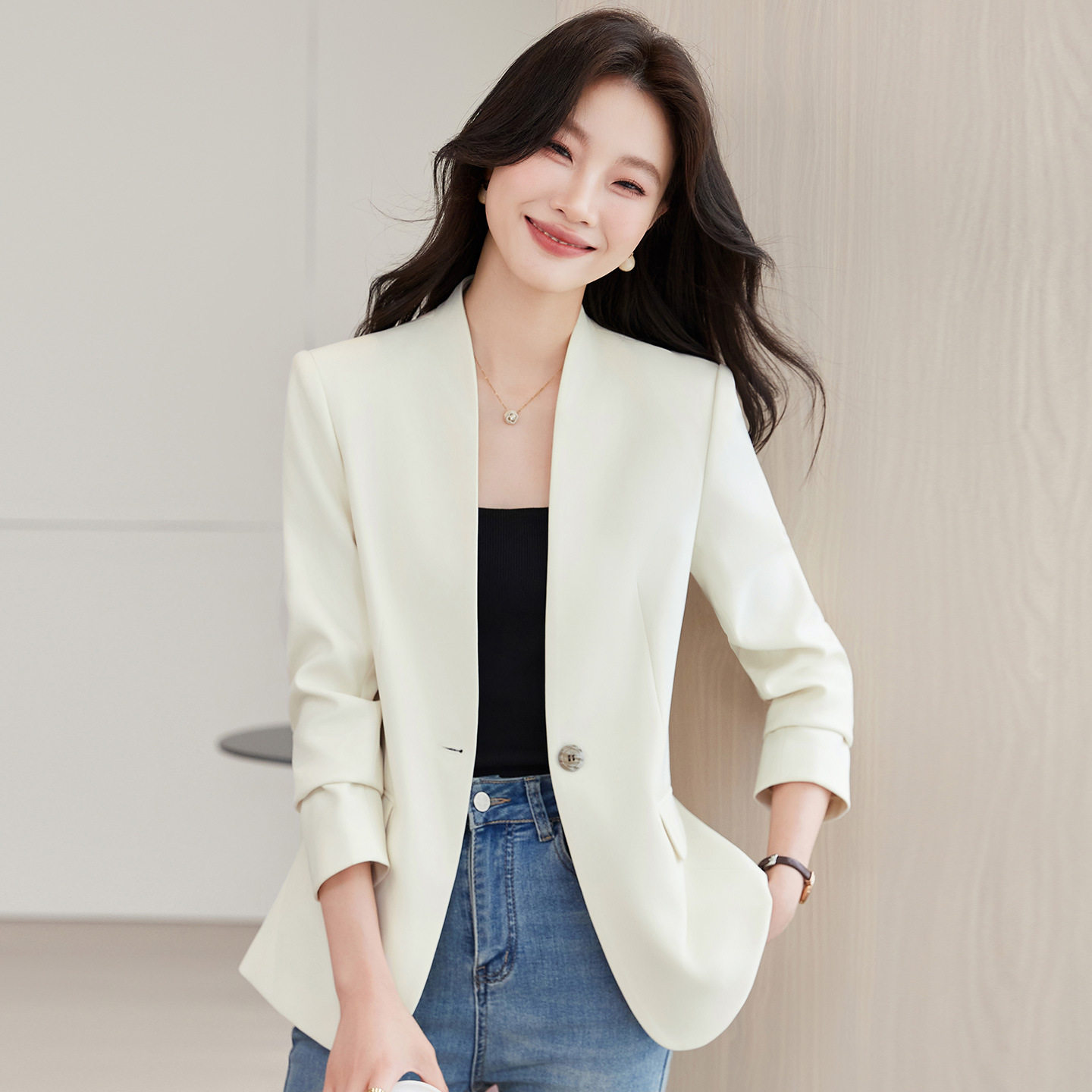 杏色无领修身显瘦秋冬西装外套女