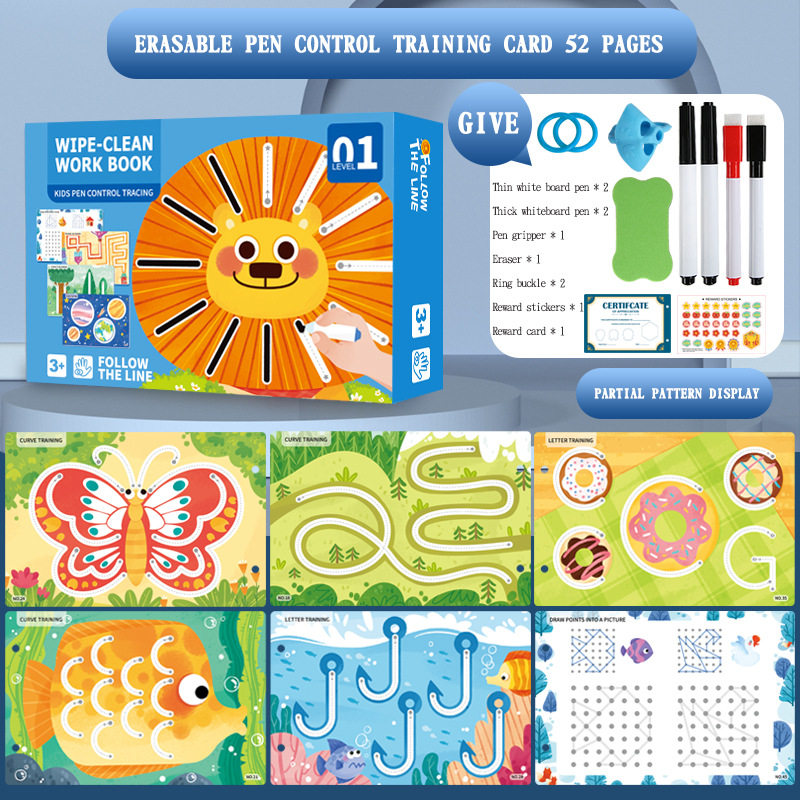 儿童控笔训练卡和启蒙练习可重复使用的教育练习书擦除式写作玩具