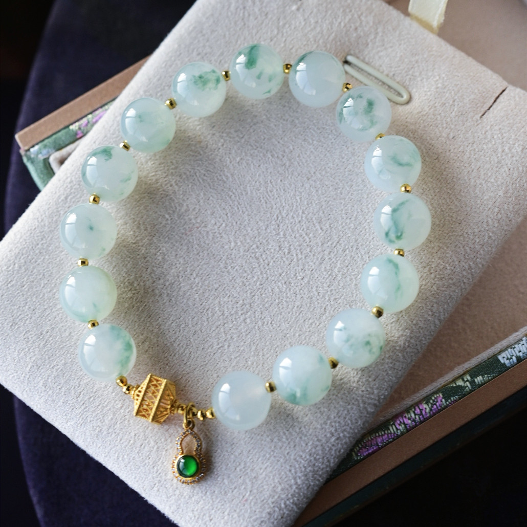 一斤钻戒 天然缅甸A货翡翠手串 冰种飘花大圆珠翡翠 18k金葫芦坠