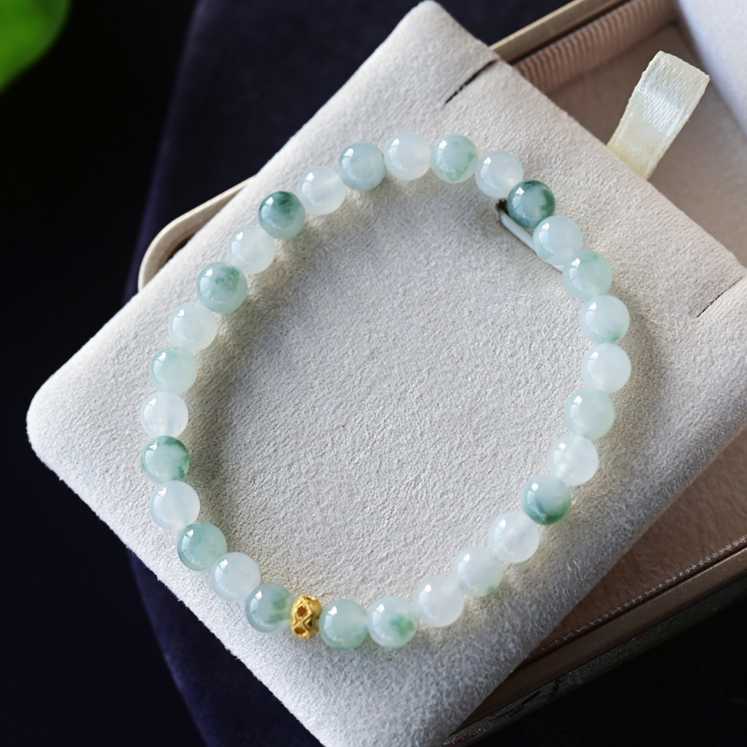 一斤钻戒 天然缅甸A货翡翠手链手串 冰底飘花珠 18k金