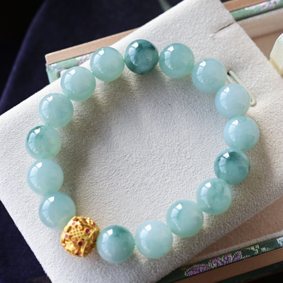 一斤钻戒 天然缅甸A货翡翠手串手链 冰底飘花大圆珠 18k金