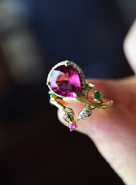 一斤钻戒 天然原矿宝石级全红碧玺戒指 18k厚金镶嵌 港码圈口13