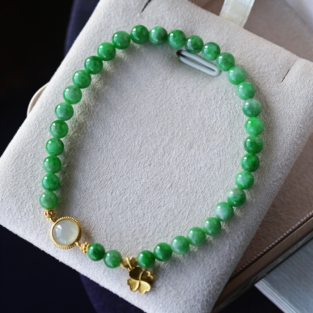 一斤钻戒 天然缅甸A货翡翠手链 冰绿翡翠圆珠链 18k金