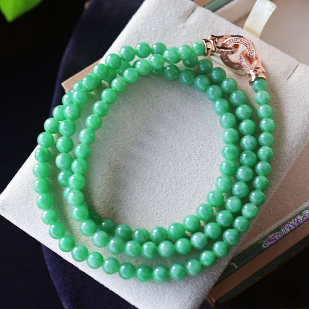 一斤钻戒 天然缅甸A货翡翠手链项链毛衣链满色冰甜绿翡翠圆珠项链