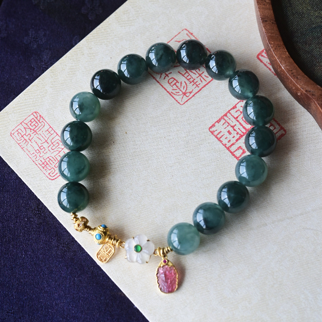 一斤钻戒 天然A货翡翠手串 冰蓝水圆珠 18K金镶嵌翡翠花花粉碧玺