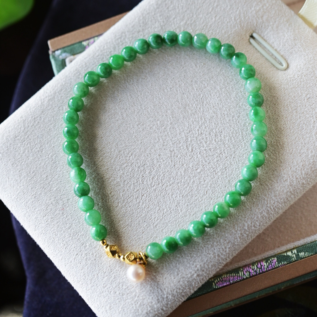 一斤钻戒 天然缅甸A货翡翠手串手链  满色冰绿圆珠链 18k金