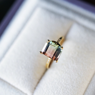 一斤钻戒 天然原矿碧玺戒指双色西瓜碧玺晶体干净18K金港码圈口14