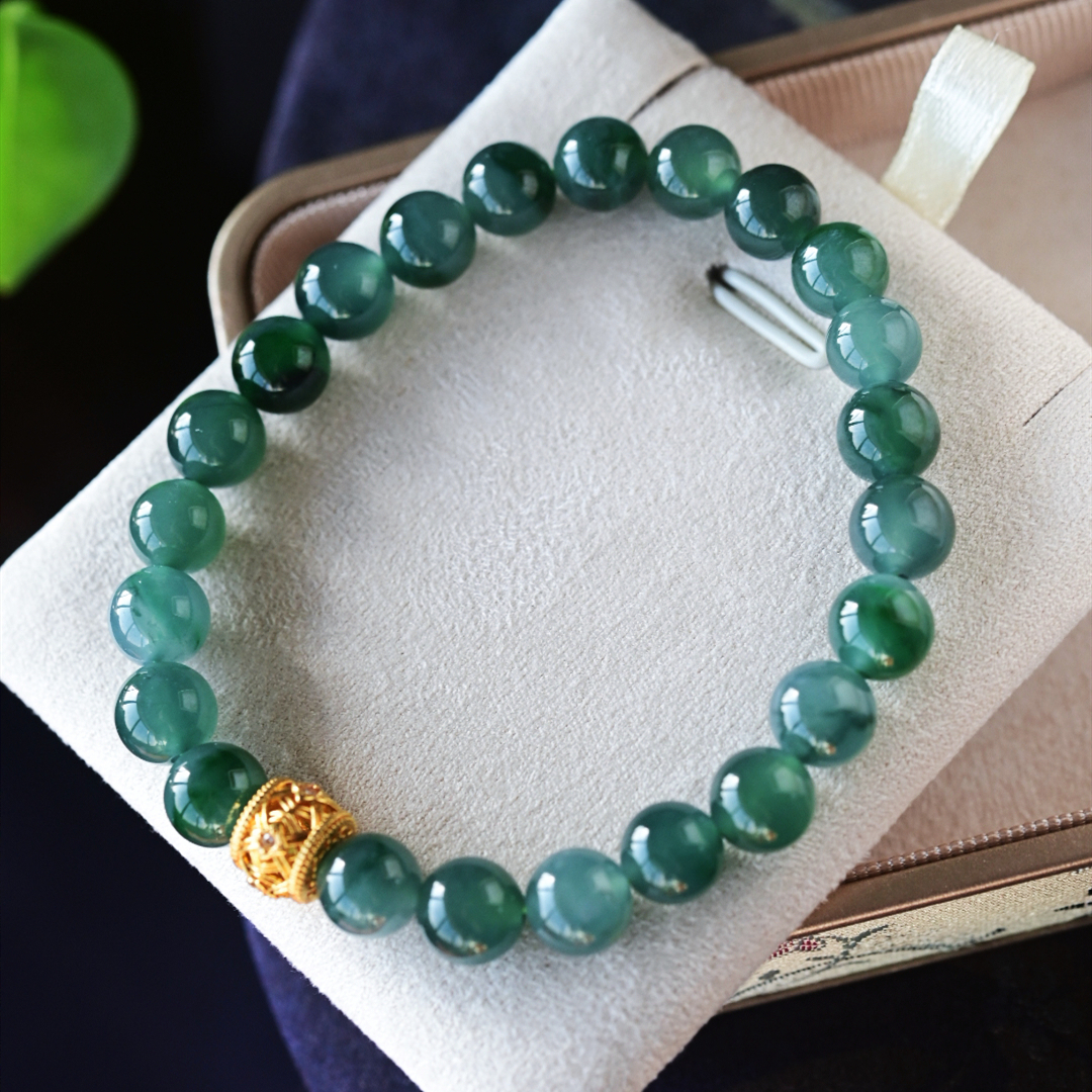 一斤钻戒 天然A货翡翠手串 冰蓝水圆珠串 18k金