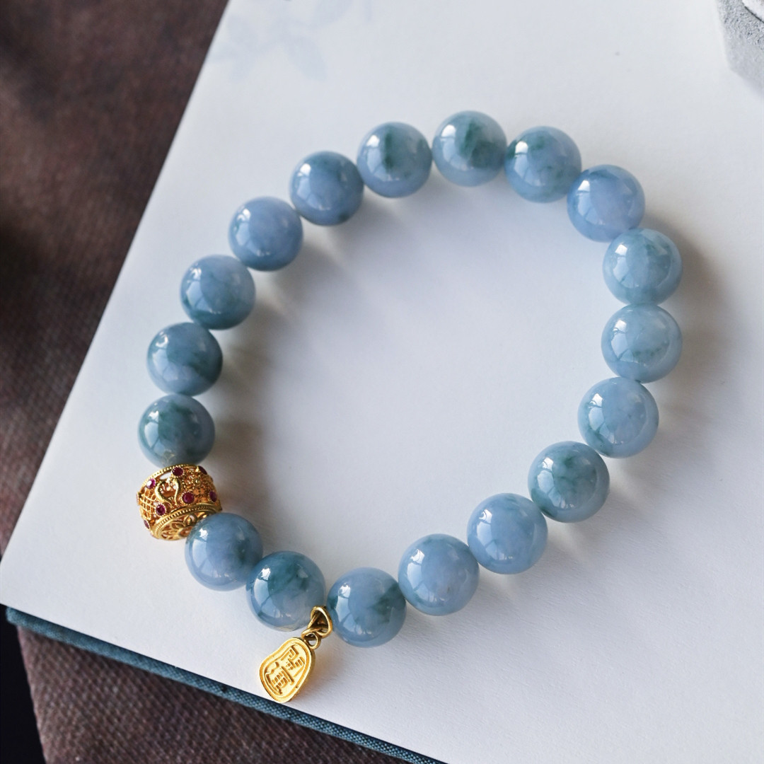 一斤钻戒 一物一图 天然缅甸A货翡翠手串 蓝底飘蓝花圆珠 18K金,珠宝/钻石/翡翠,手链/手串,淘宝优惠券,粉丝福利购,淘宝优惠卷