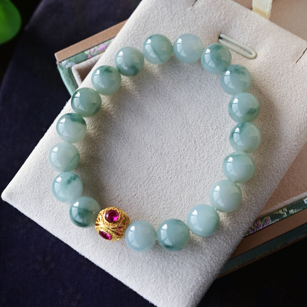 一斤钻戒 天然缅甸A货翡翠手串 冰飘大圆珠 18k金