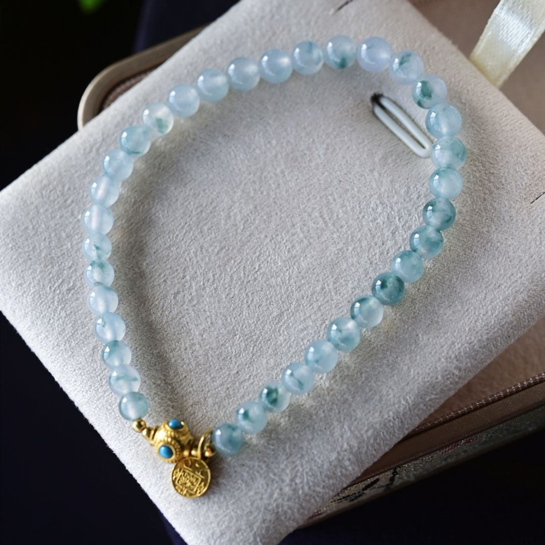 一斤钻戒 天然缅甸A货翡翠手串手链 冰种飘花手串 18k金