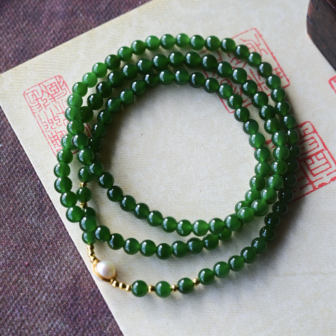 一斤钻戒 天然和田碧玉手链项链两用款 珠子鲜润碧绿 18K金珍珠