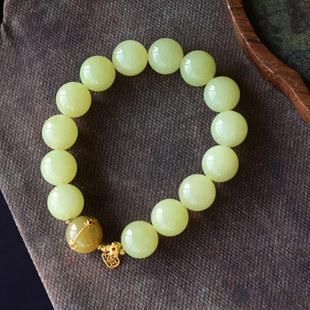 一斤钻戒 天然和田玉黄口料搭配糖玉手串 黄口料大圆珠 18K金配饰