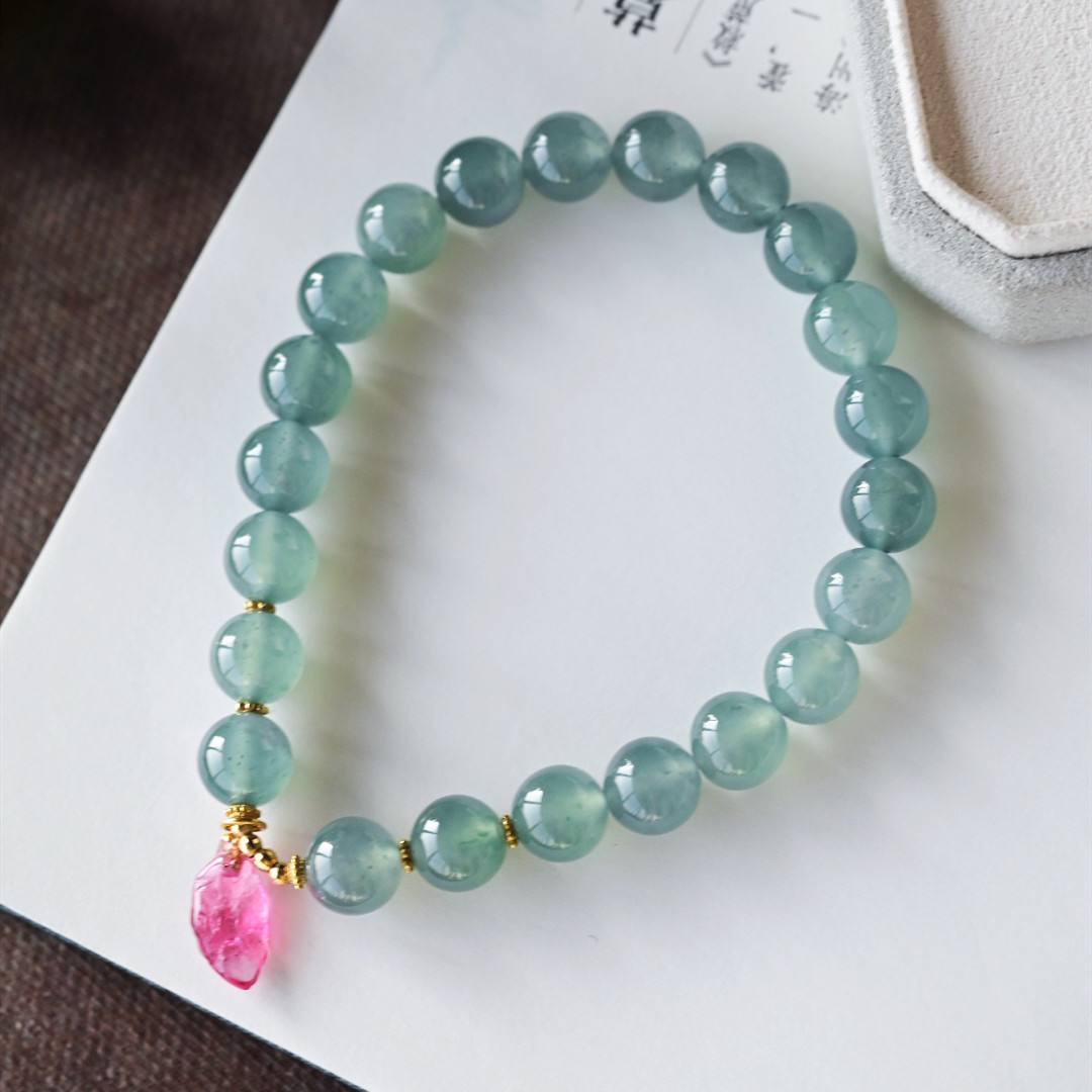 一斤钻戒 一物一图 天然A货翡翠手串 冰蓝水圆珠 18K金粉碧玺配饰,珠宝/钻石/翡翠,手链/手串,淘宝优惠券,粉丝福利购,淘宝优惠卷