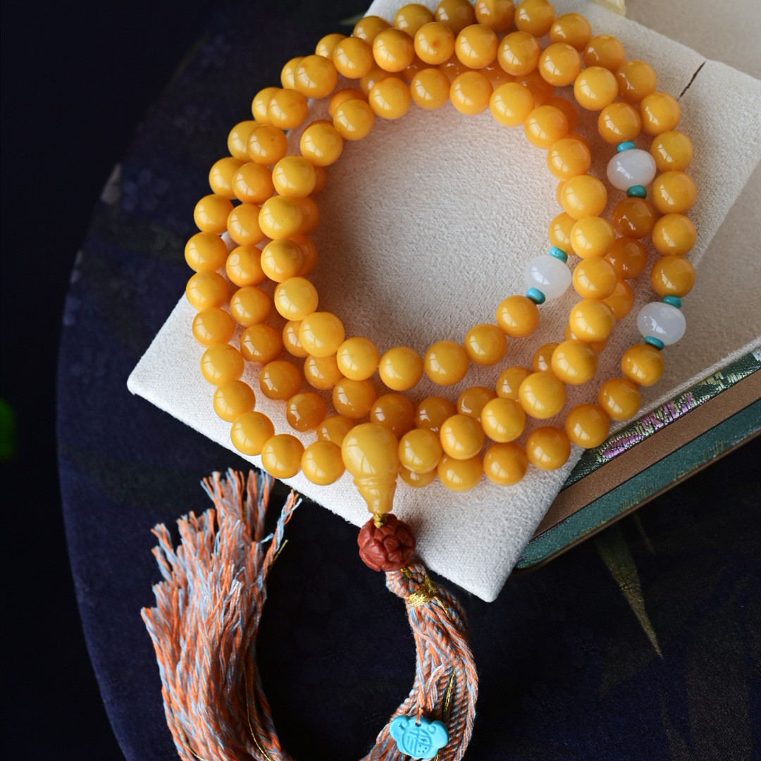 一斤钻戒 天然原矿蜜蜡108颗手链项链 搭配南红绿松石流苏设计