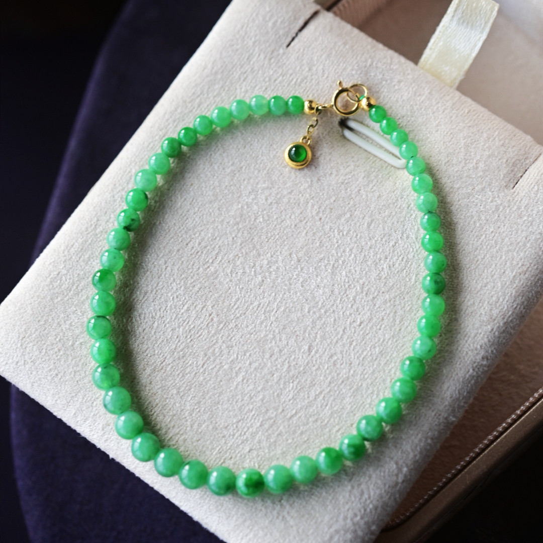 一斤钻戒 天然缅甸A货翡翠手链 满色冰绿翡翠圆珠链 18k金