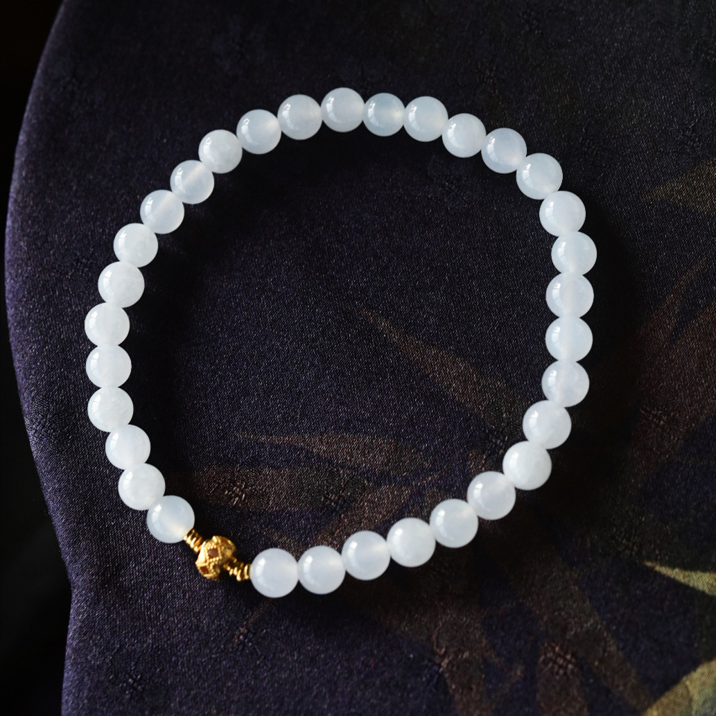 一斤钻戒 天然缅甸A货翡翠手串手链 白冰圆珠串 18k金