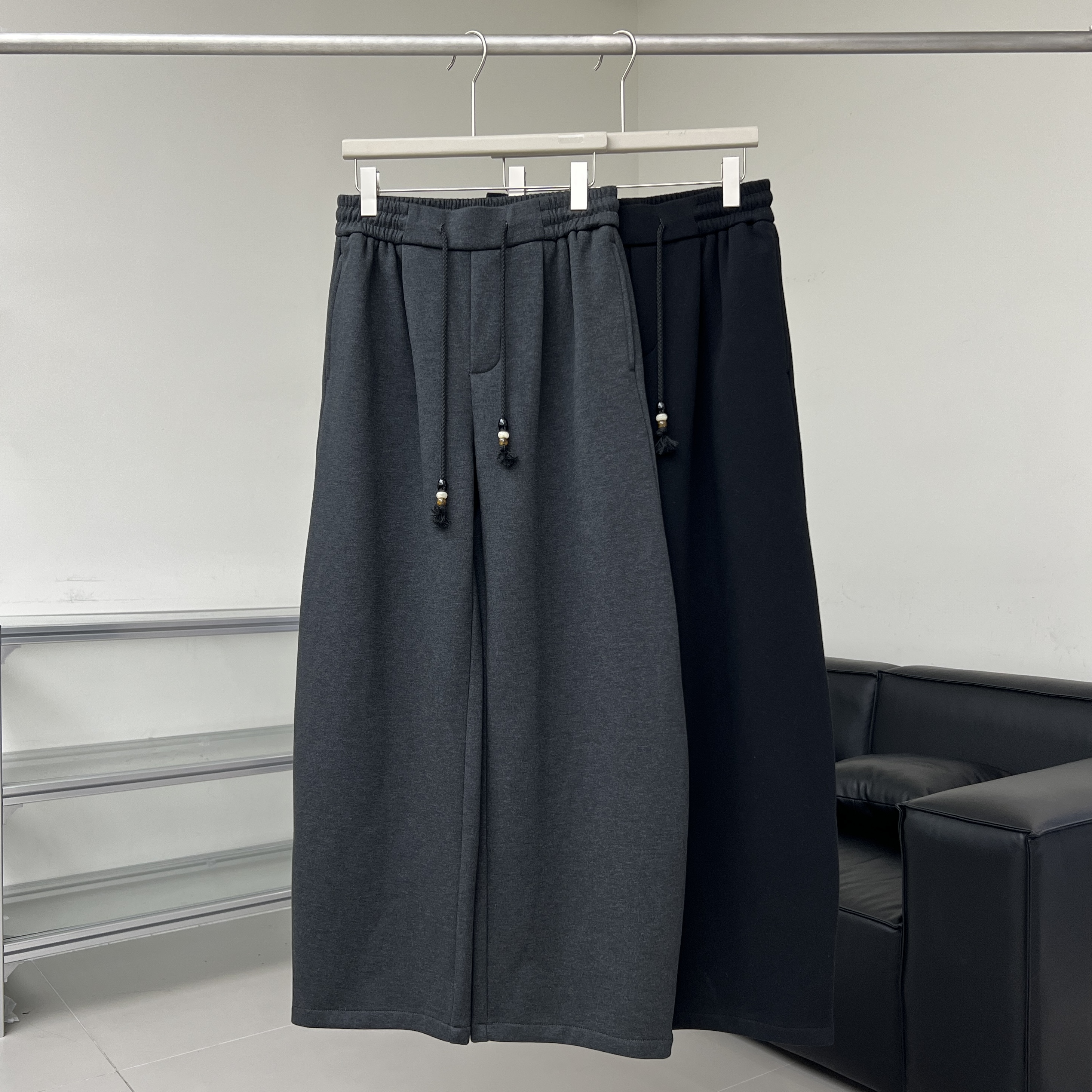 醋酸羊毛暖绒休闲裤抽绳松紧腰加绒卫裤 秋冬新款宽松直筒弯刀裤