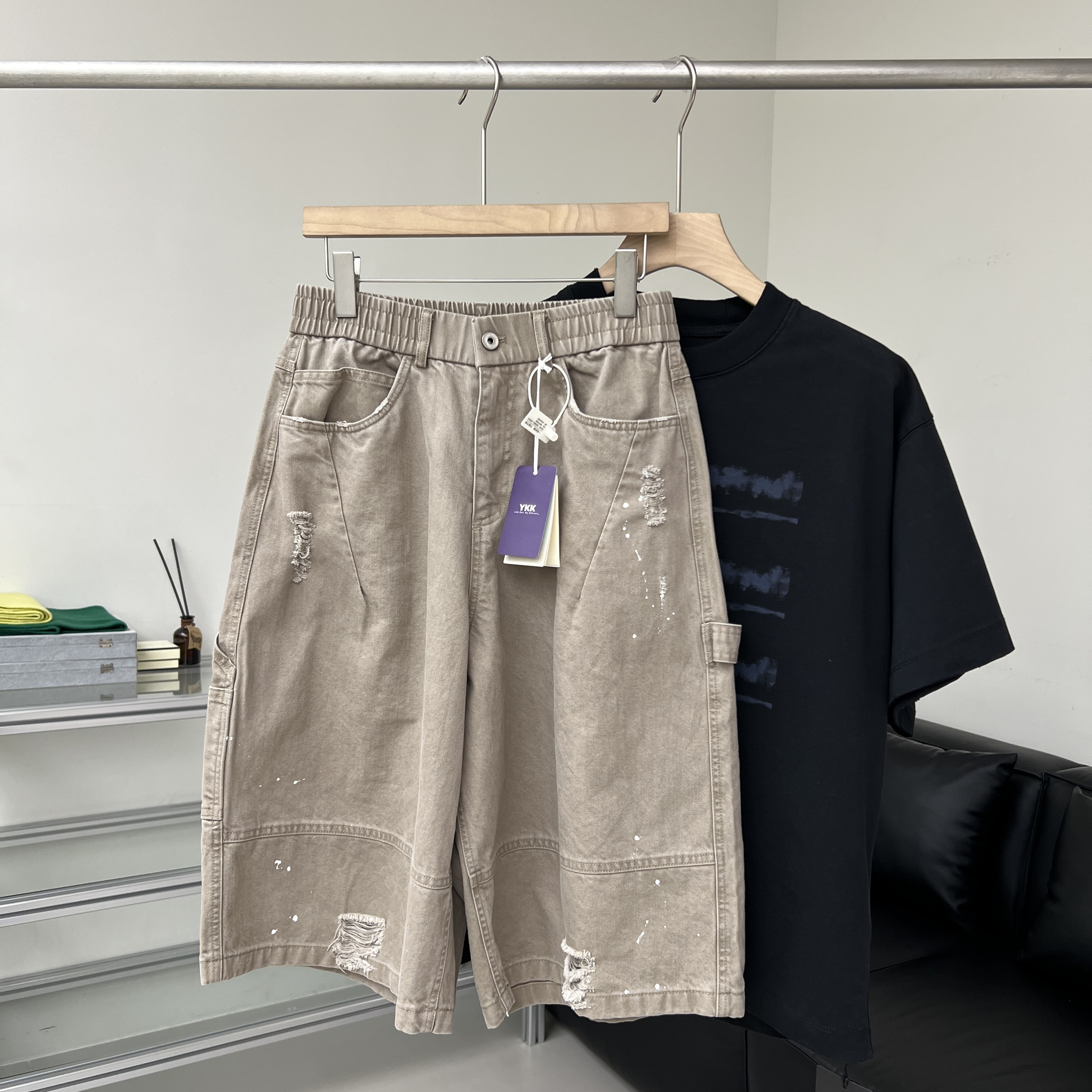 复古做旧破洞设计重磅休闲工装牛仔短裤男夏季新款宽松休闲六分裤